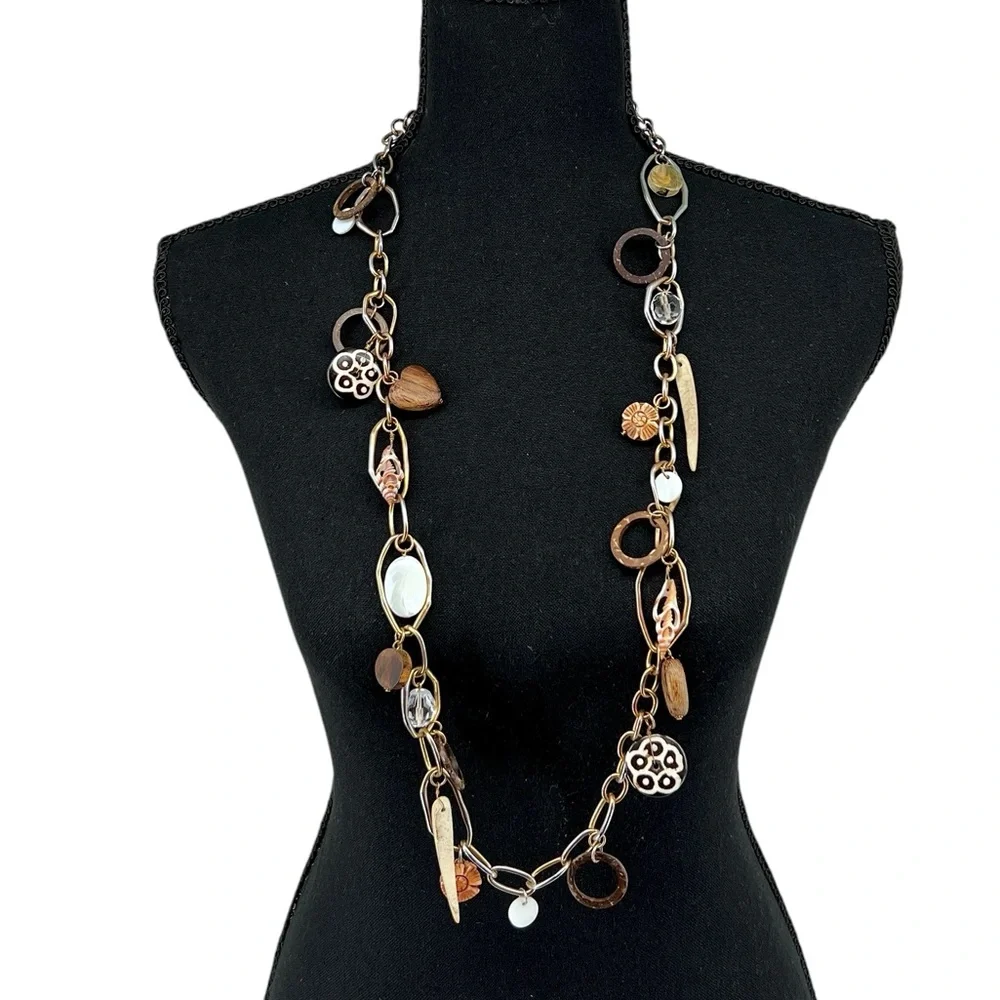 Vtg RJ Graziano Beachy Chain Link Charm Necklace Natural Worn Gold Plated Tribal